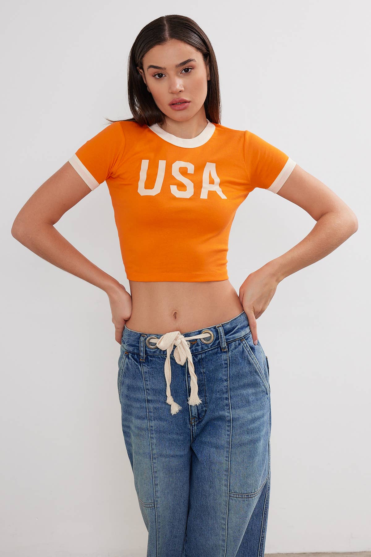 Women's USA Printed Crop Top Cropped "USA" T-Shirt Two Tone
