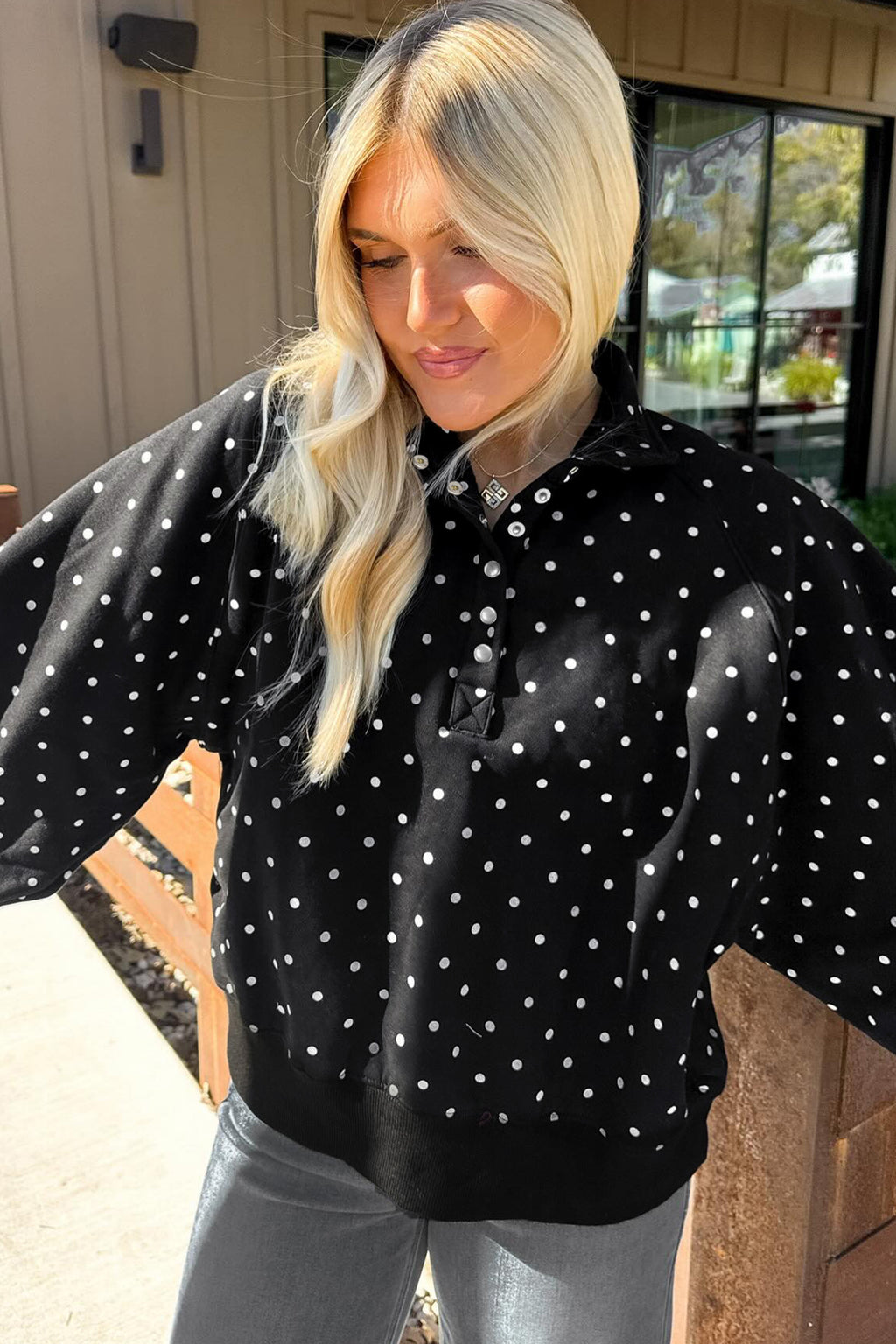 Black Polka Dot Print Metal Button Collar Casual Pullover Sweatshirt