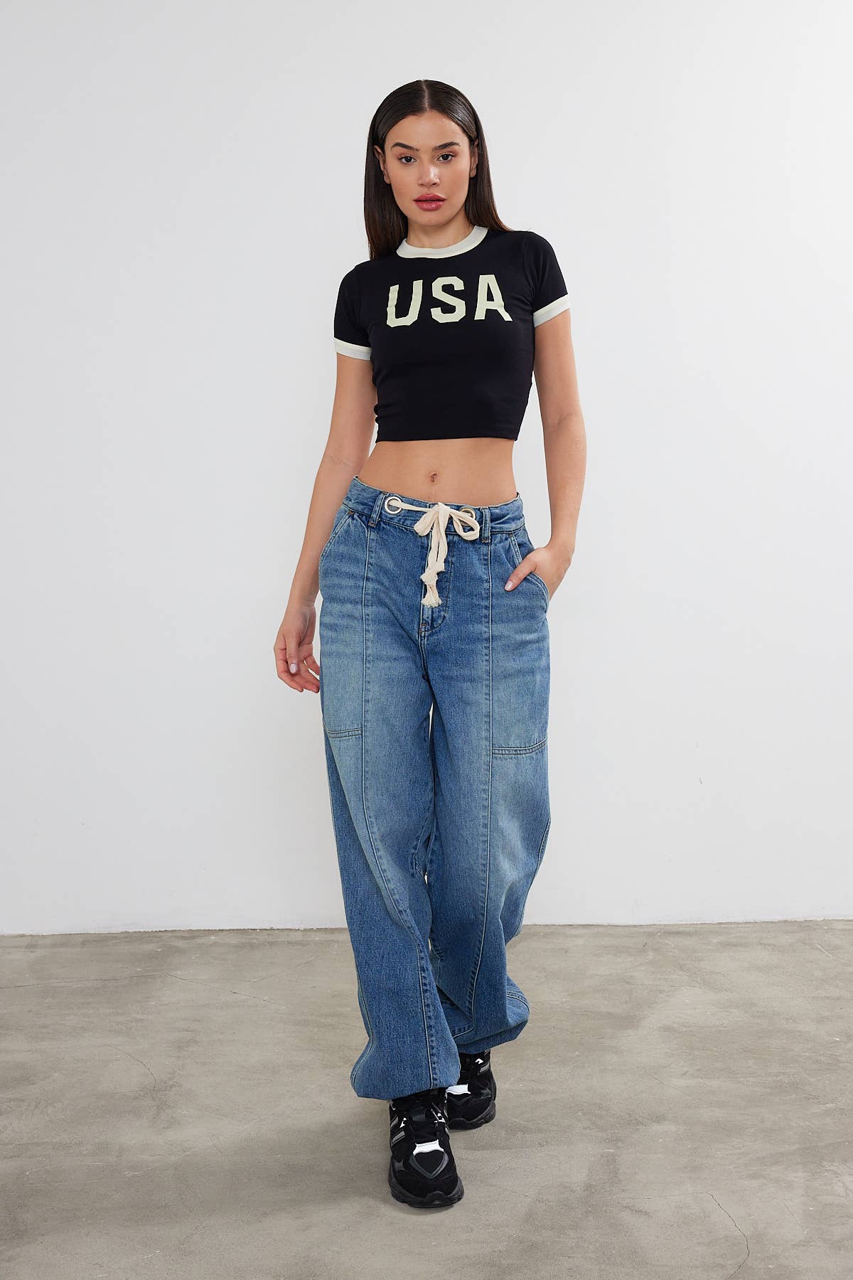 Women's USA Printed Crop Top Cropped "USA" T-Shirt Two Tone