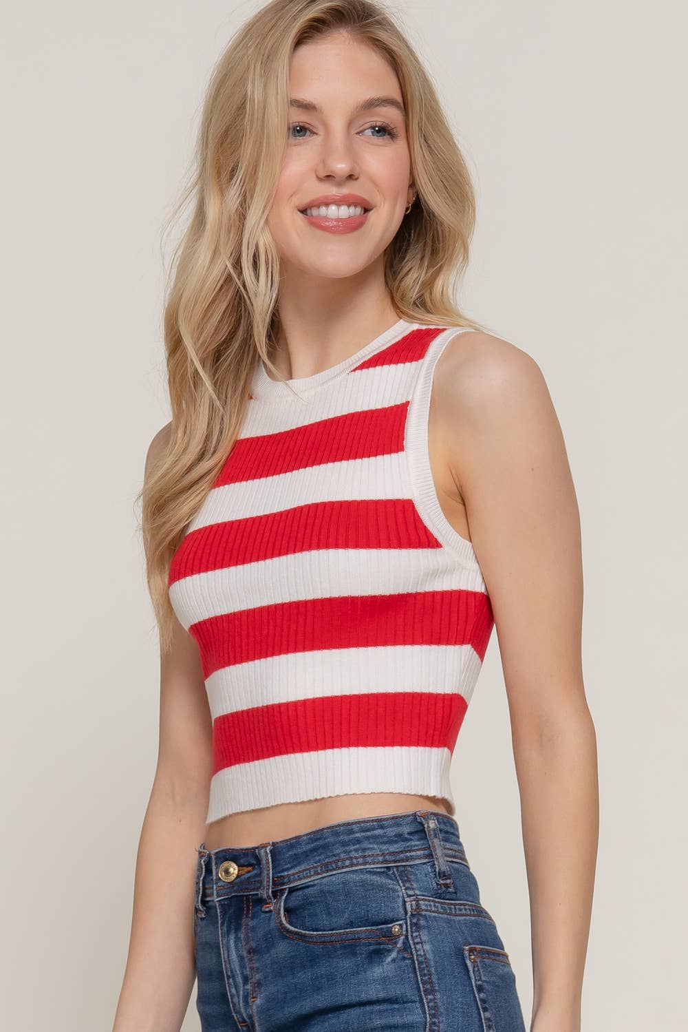 Karys Sleeveless Round Neck Stripe Spring Sweater