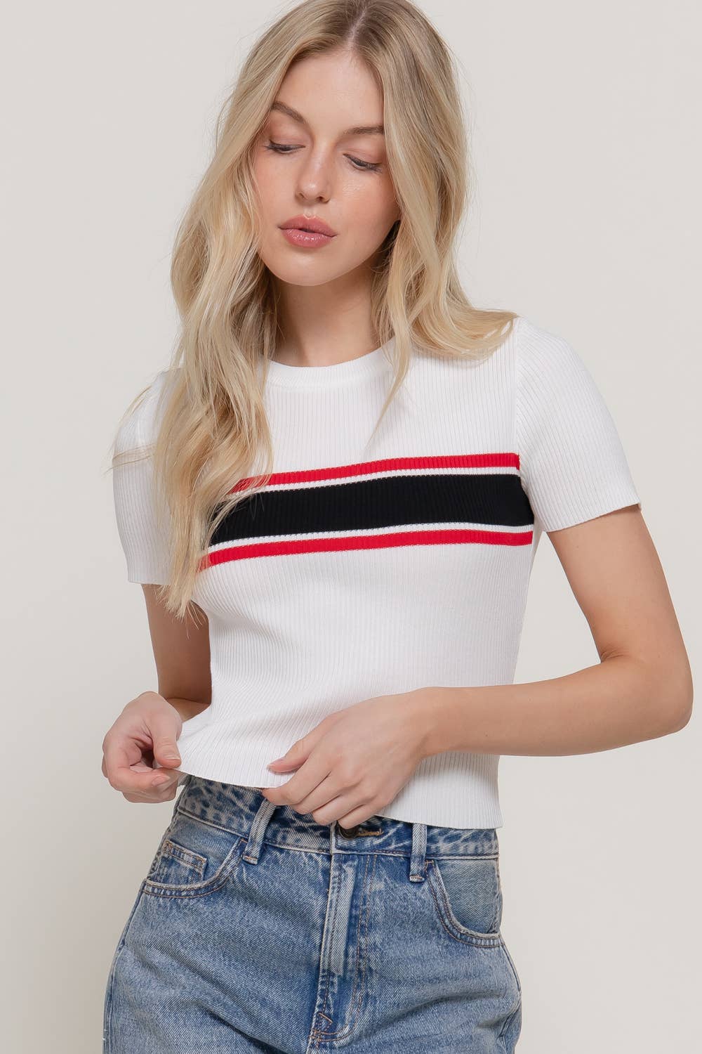 Short Sleeve Crew Neck Multi Striped Knit Top