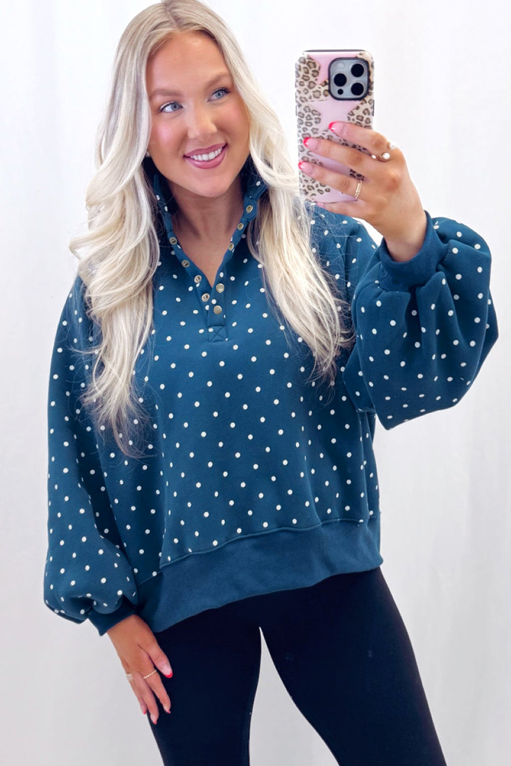 Black Polka Dot Print Metal Button Collar Casual Pullover Sweatshirt