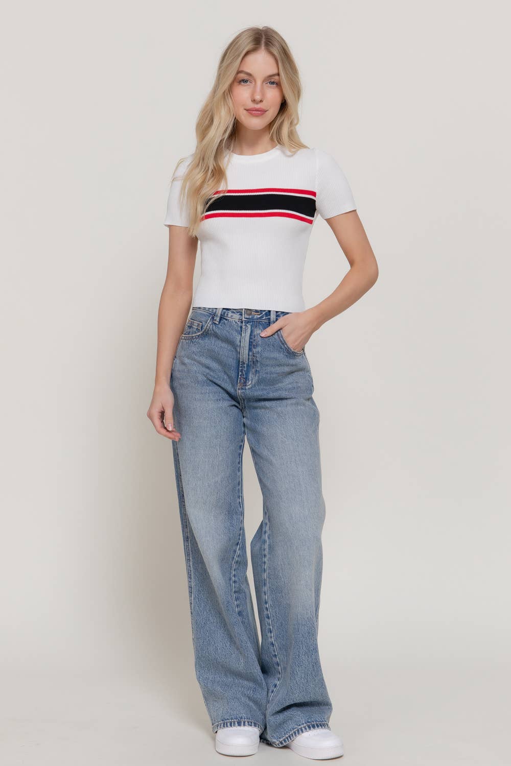 Short Sleeve Crew Neck Multi Striped Knit Top