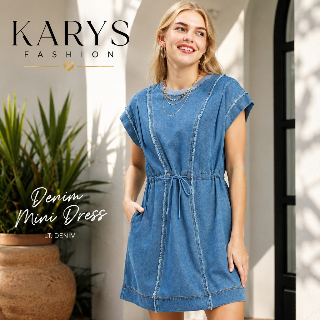 Umgee Drawstring Waist Frayed Denim Mini Dress