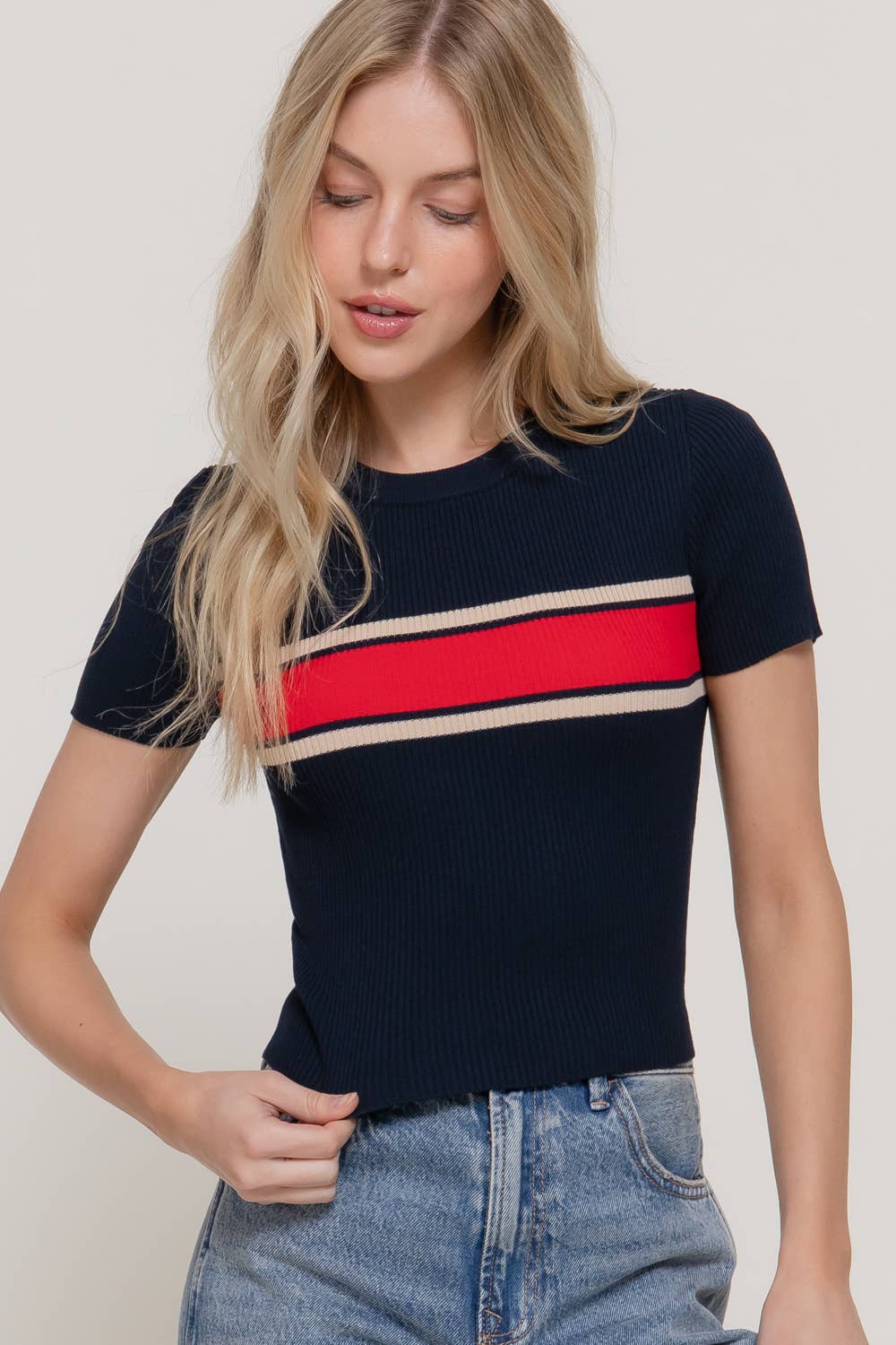 Short Sleeve Crew Neck Multi Striped Knit Top
