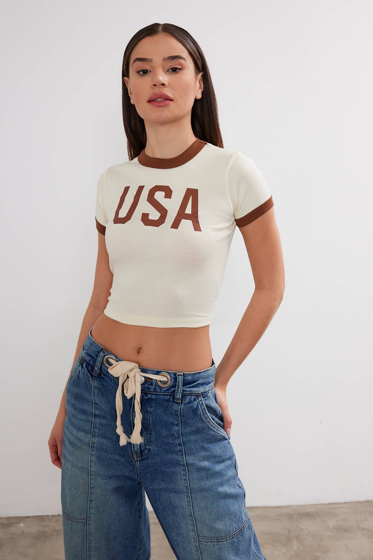 Women's USA Printed Crop Top Cropped "USA" T-Shirt Two Tone