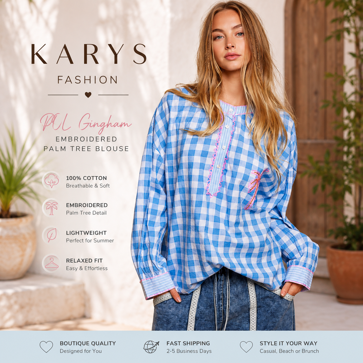 POL Gingham Embroidered Palm Tree Blouse