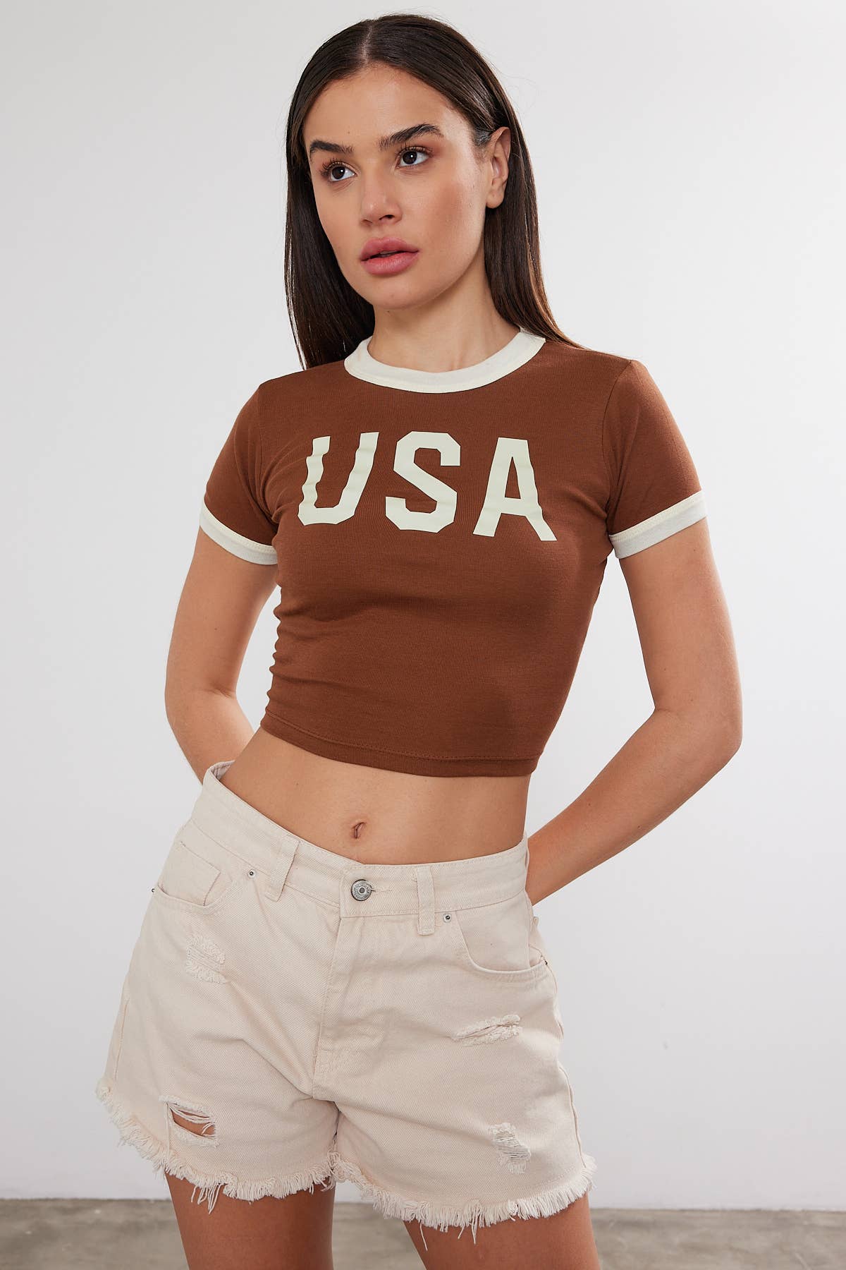 Women's USA Printed Crop Top Cropped "USA" T-Shirt Two Tone