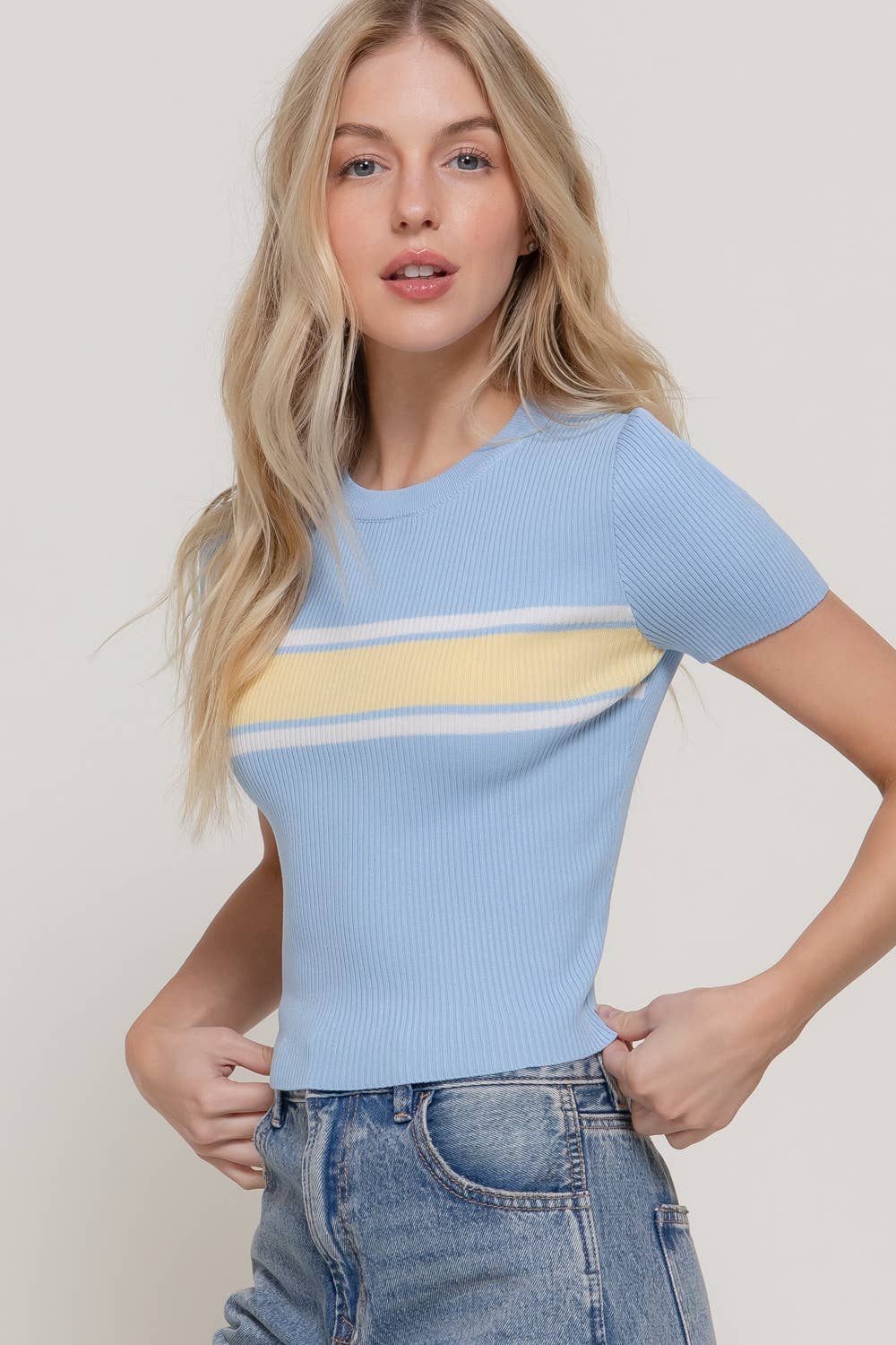 Short Sleeve Crew Neck Multi Striped Knit Top