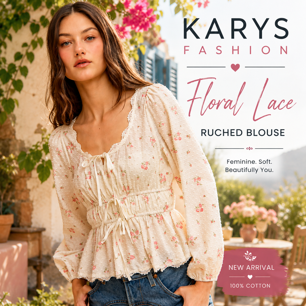 SO ME Floral Clip Dot Lace Trim Ruched Bodice Blouse