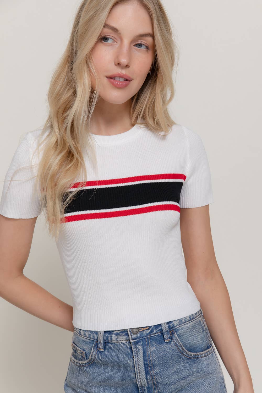 Short Sleeve Crew Neck Multi Striped Knit Top