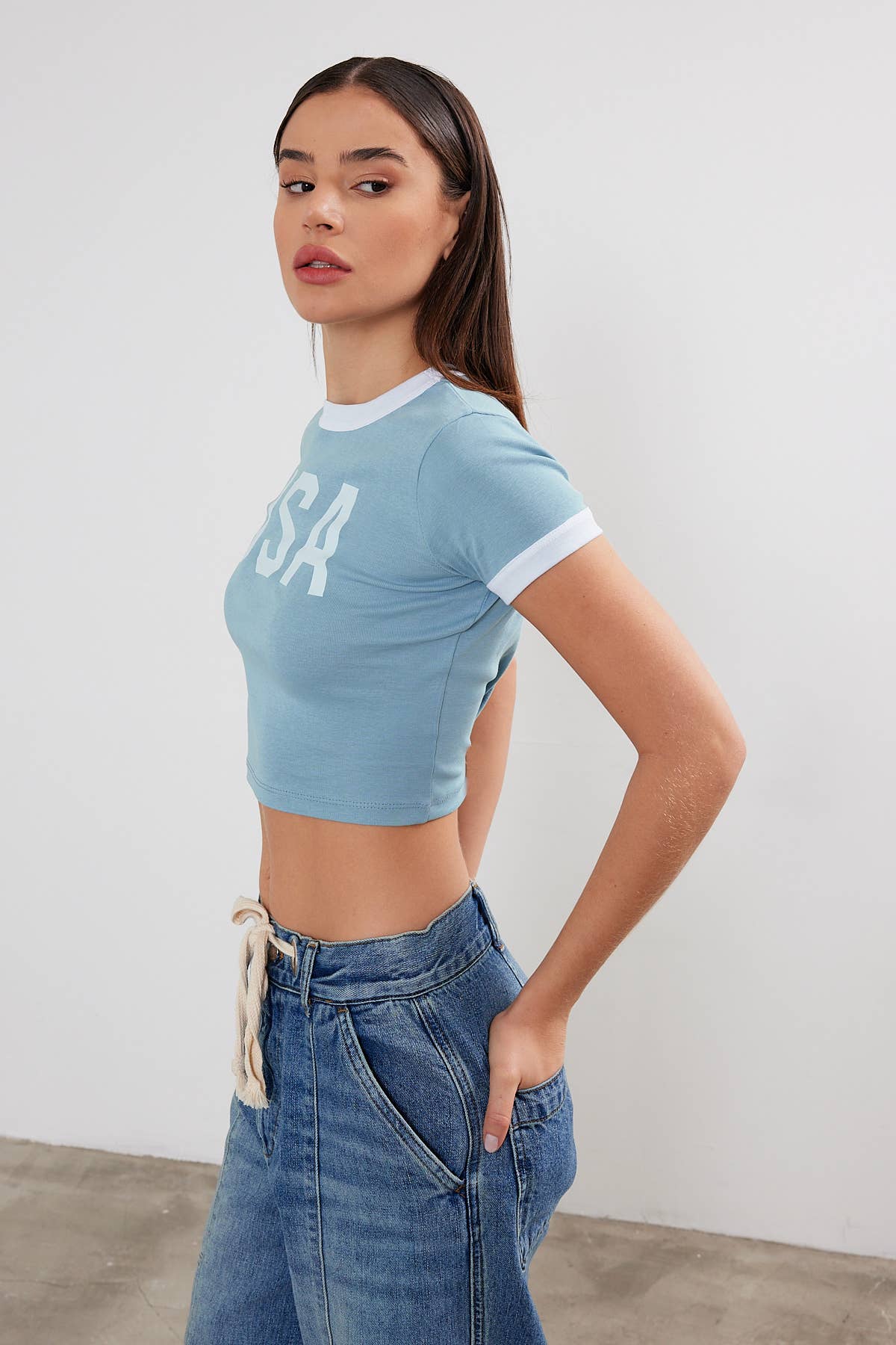 Women's USA Printed Crop Top Cropped "USA" T-Shirt Two Tone