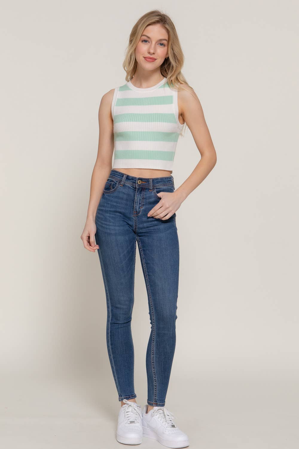 Karys Sleeveless Round Neck Stripe Spring Sweater