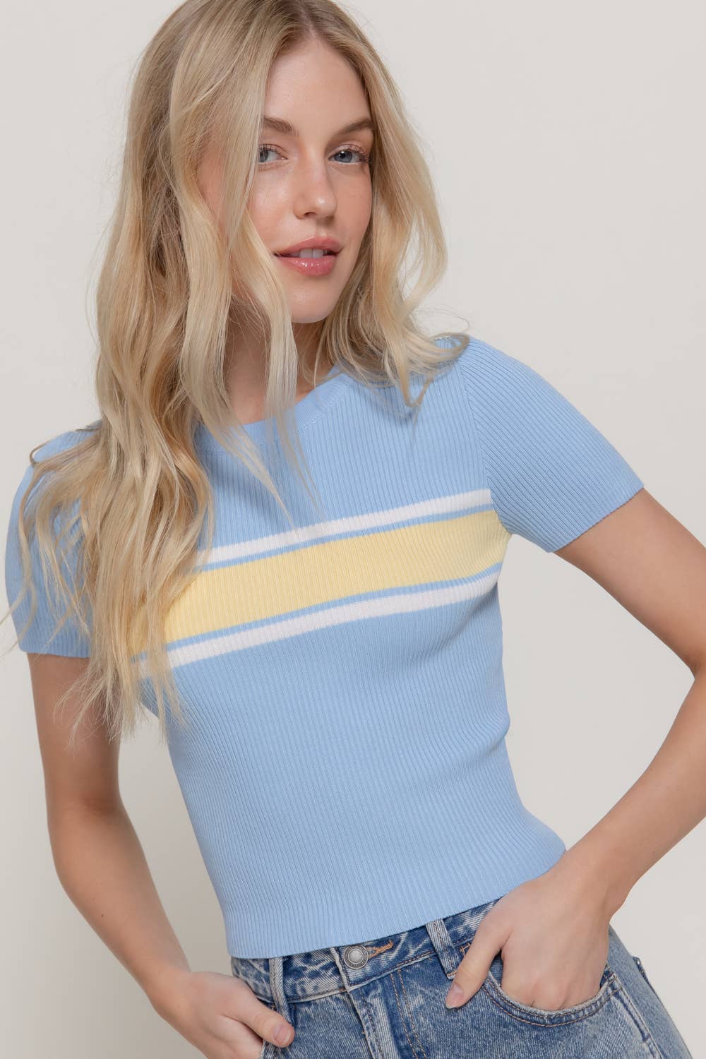 Short Sleeve Crew Neck Multi Striped Knit Top