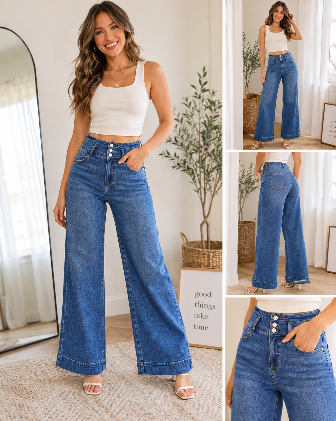 RISEN High Rise Wide Leg Wide Band Detail Jeans