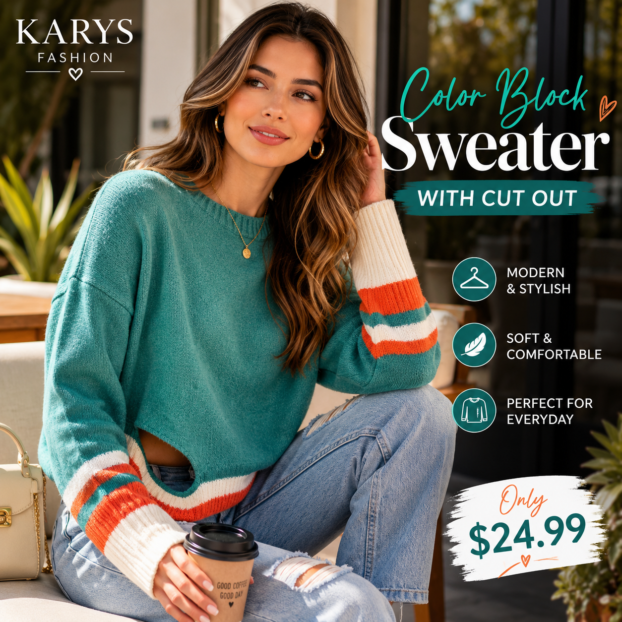 Color Block Sweater With Cut Out