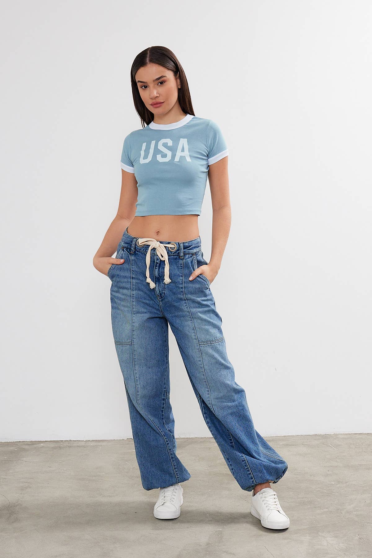 Women's USA Printed Crop Top Cropped "USA" T-Shirt Two Tone