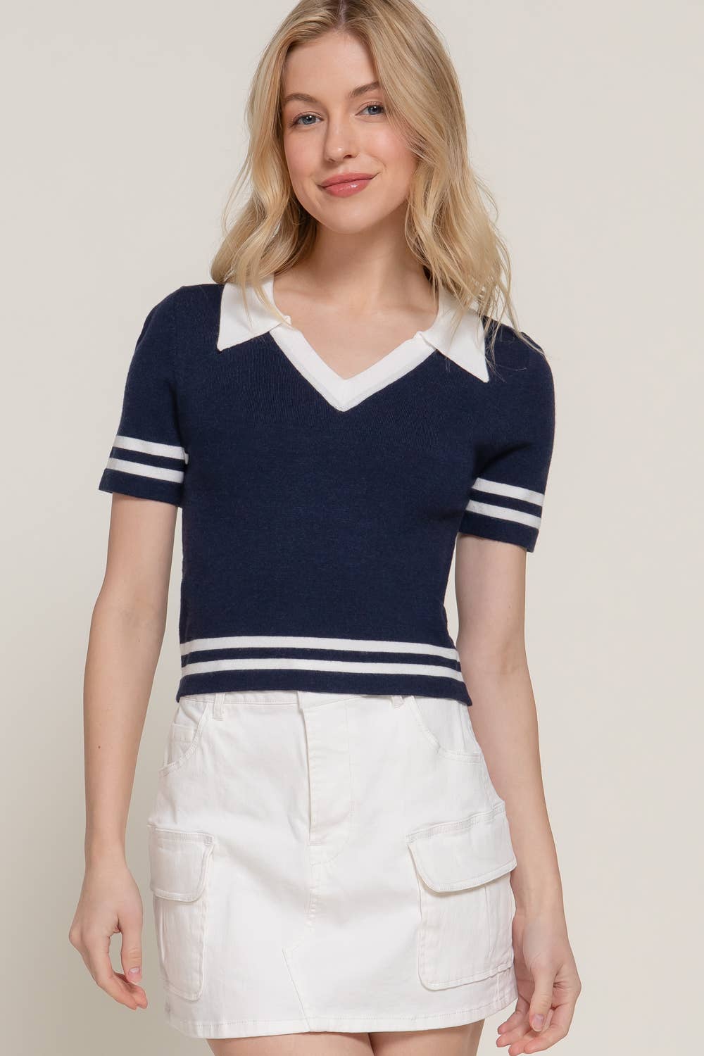 Karys Short Sleeve Stripe Polo Spring Sweater