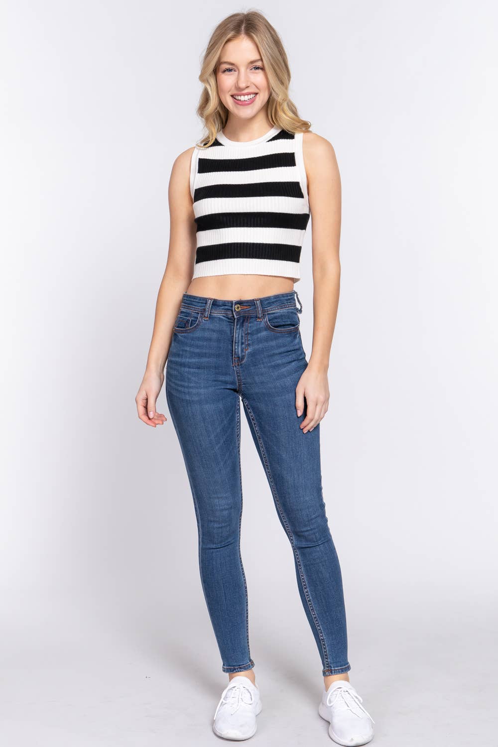 Karys Sleeveless Round Neck Stripe Spring Sweater