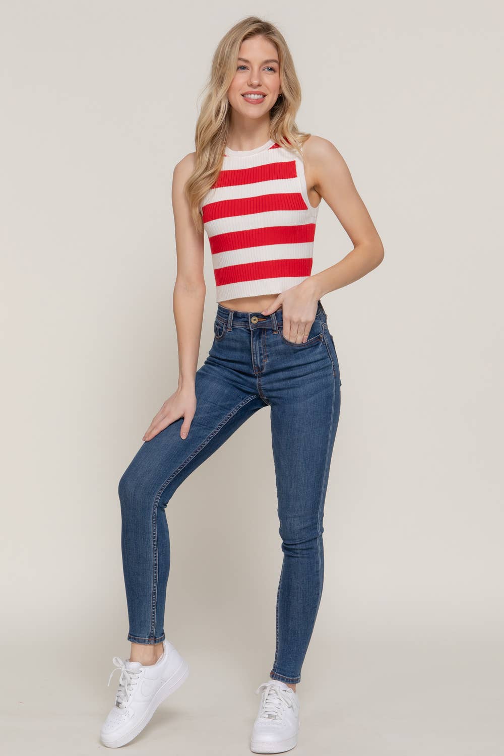 Karys Sleeveless Round Neck Stripe Spring Sweater