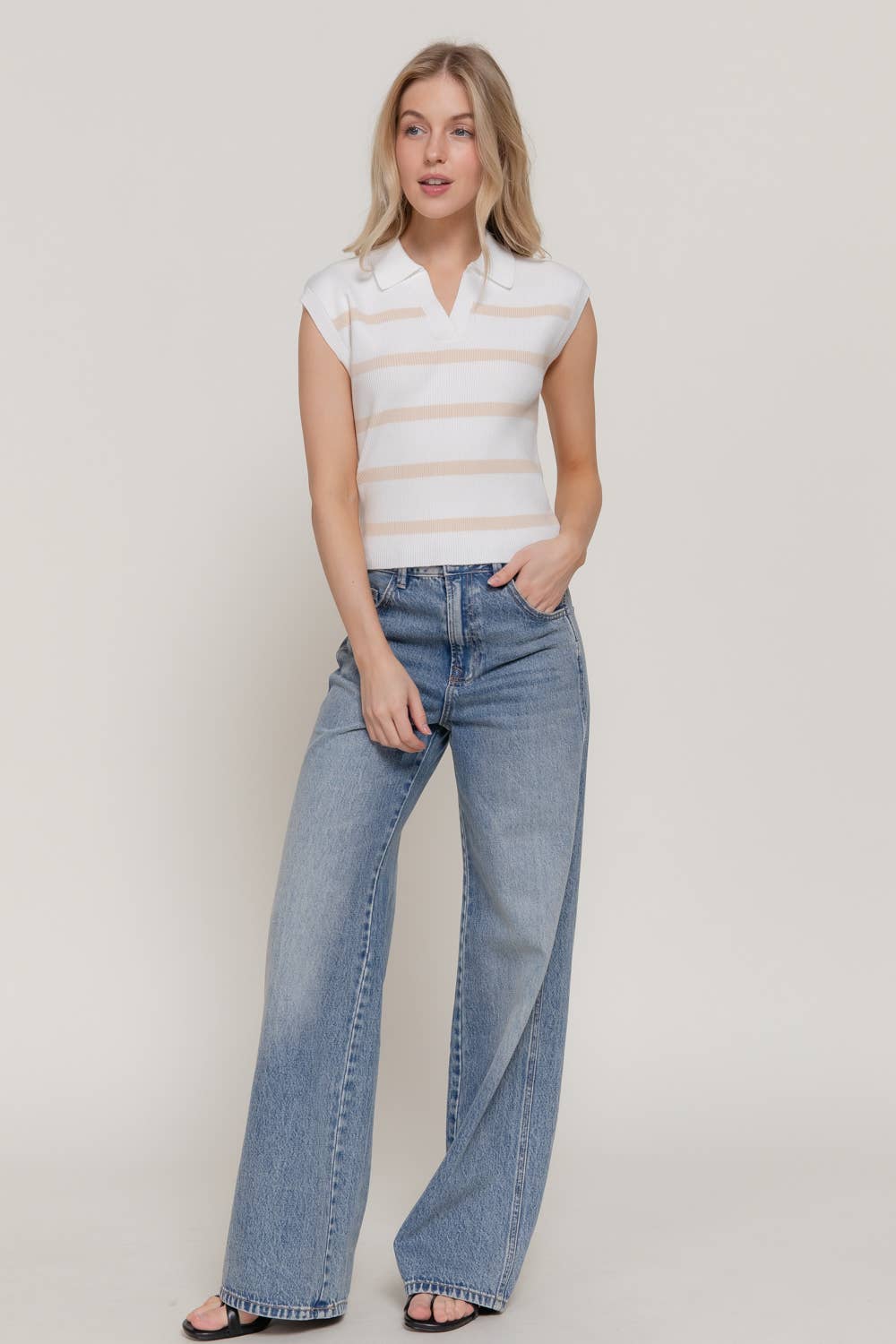 Sleeveless Stripe Polo Spring Sweater