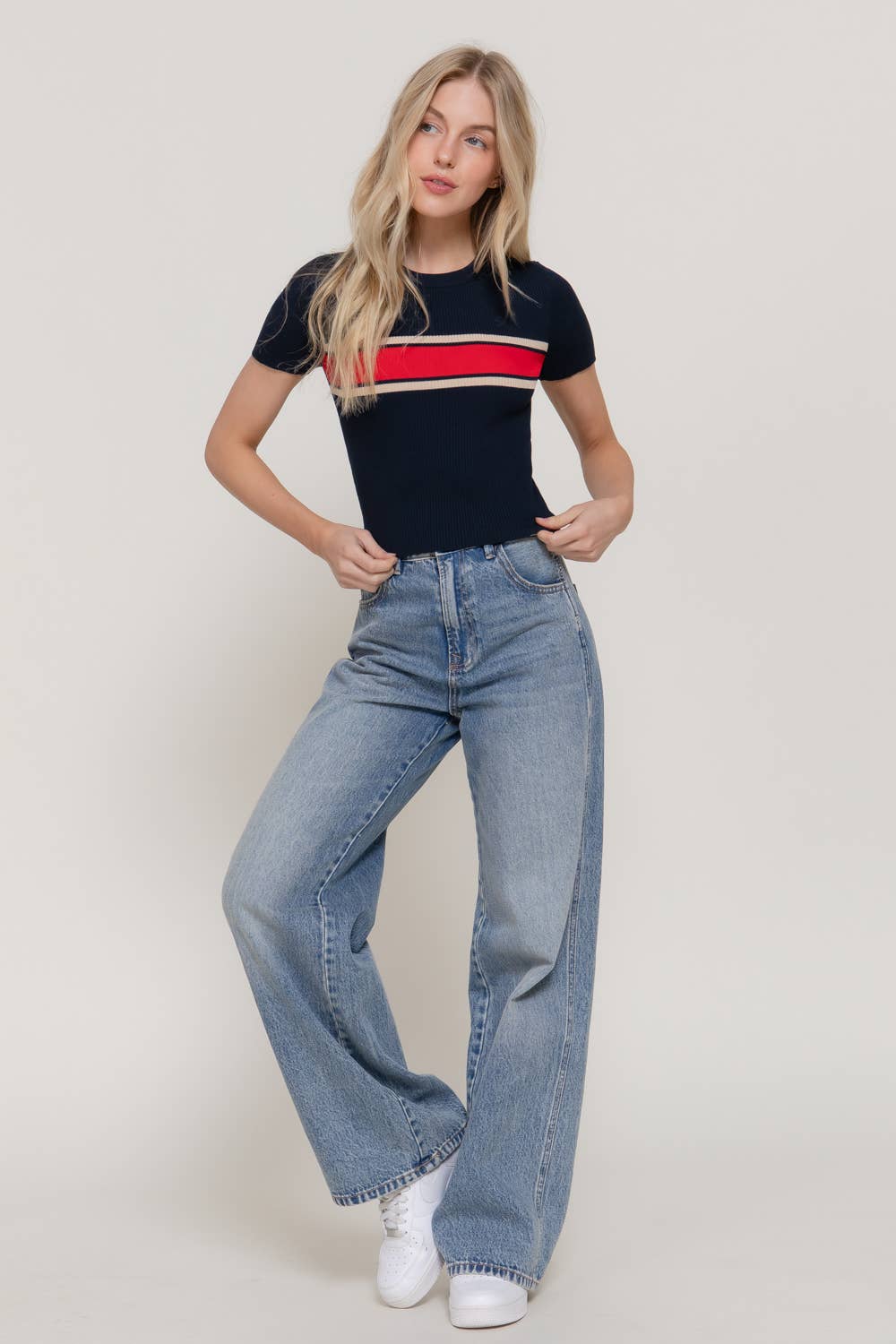 Short Sleeve Crew Neck Multi Striped Knit Top
