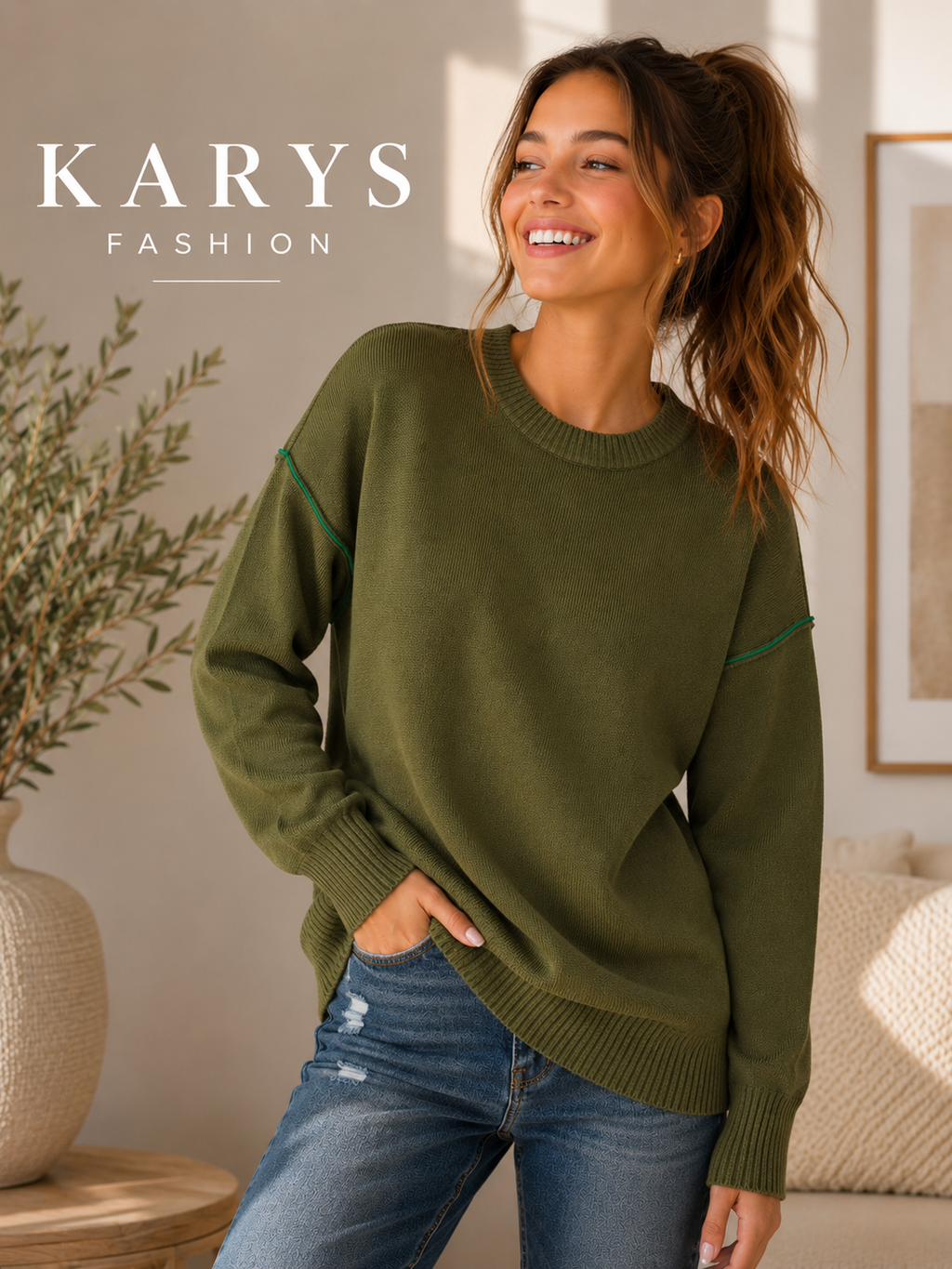 Zenana Round Neck Contrast Trim Sweater