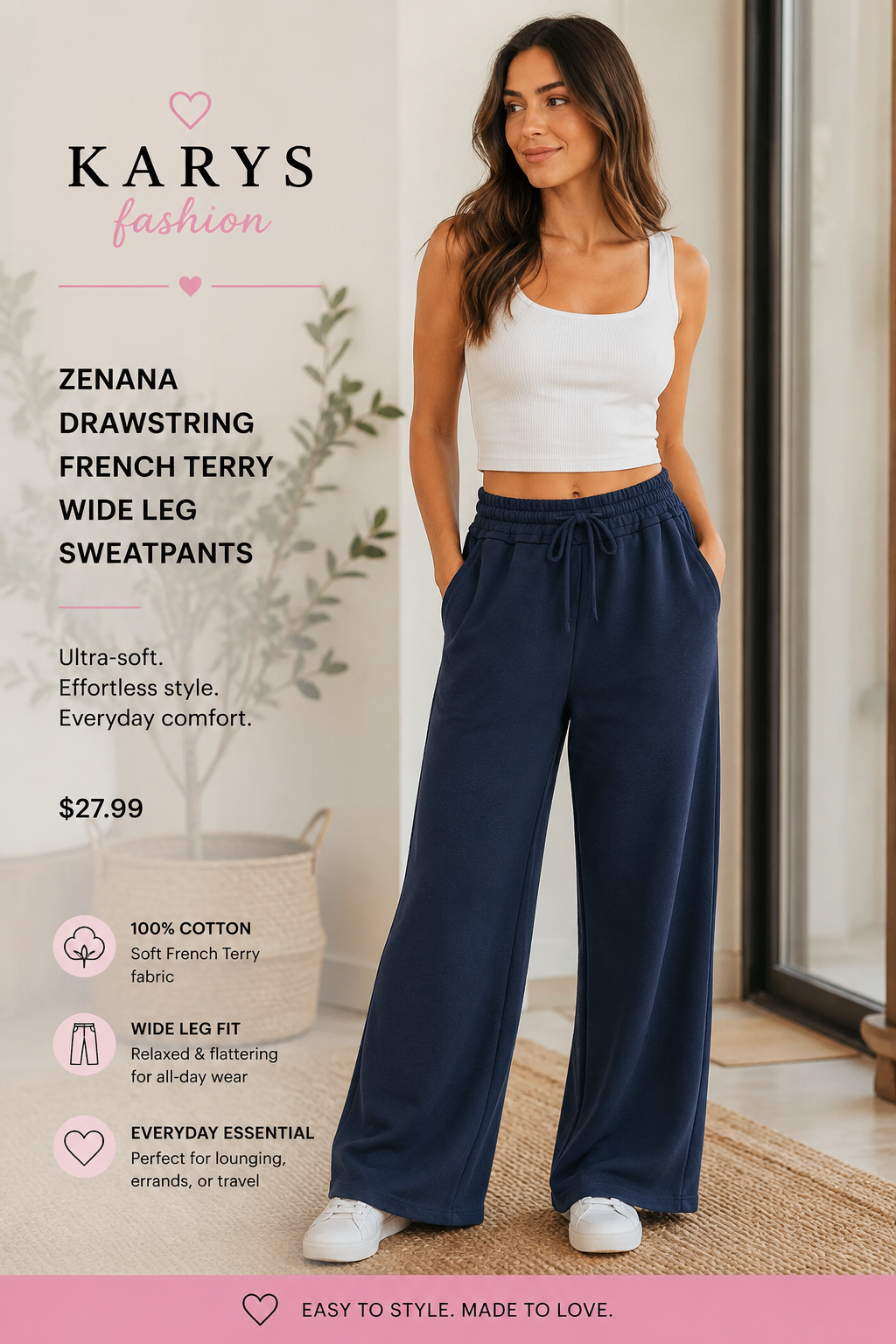 Zenana Drawstring French Terry Wide Leg Sweatpants