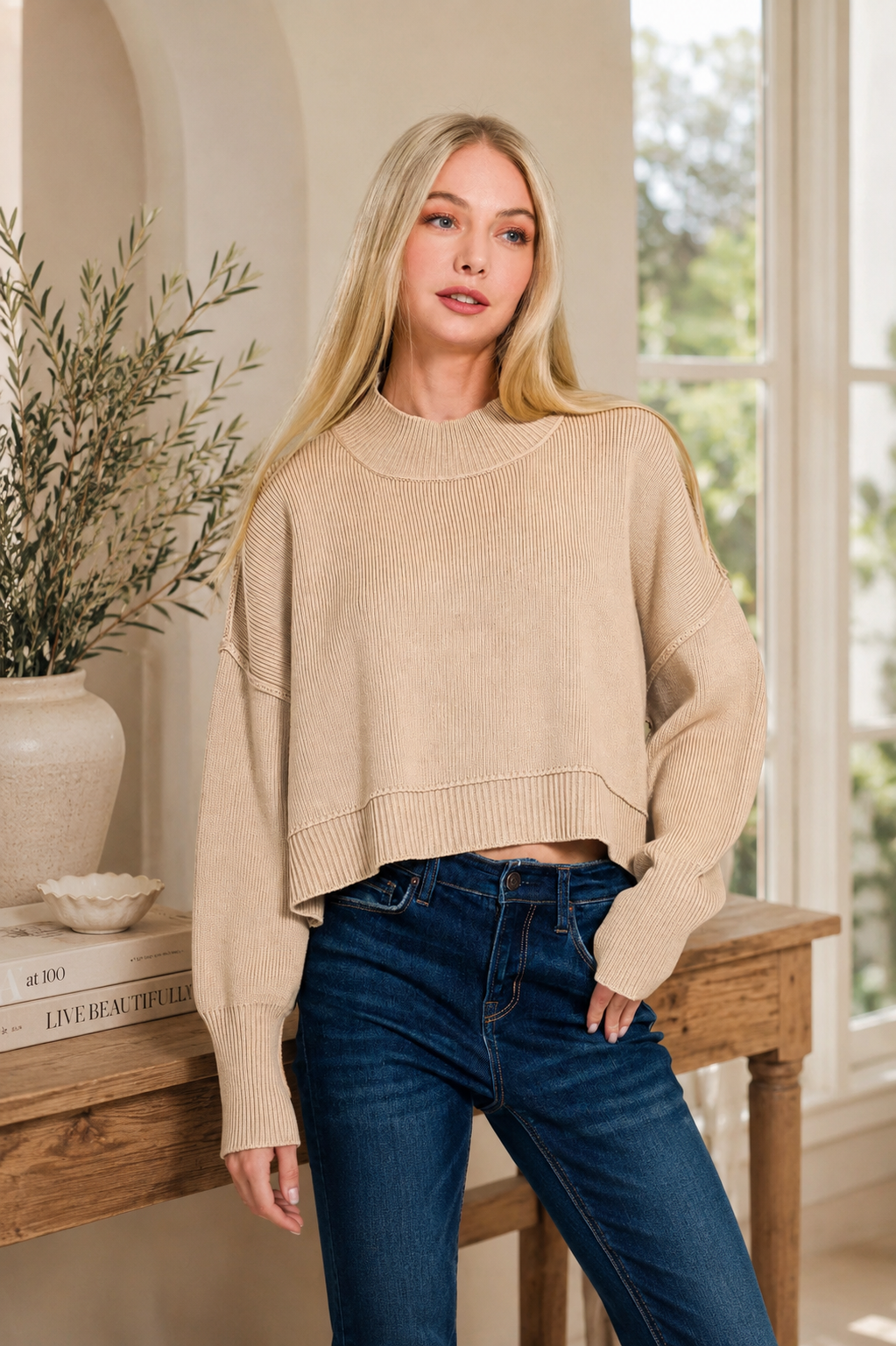 Zenana Side Slit Oversized Cropped Sweater