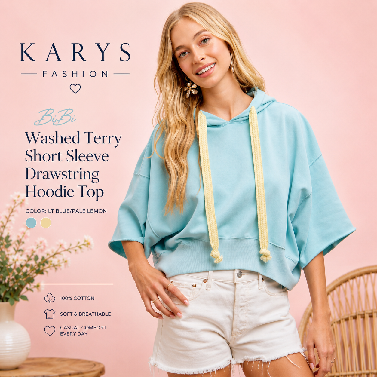 BiBi Washed Terry Short Sleeve Drawstring Hoodie Top