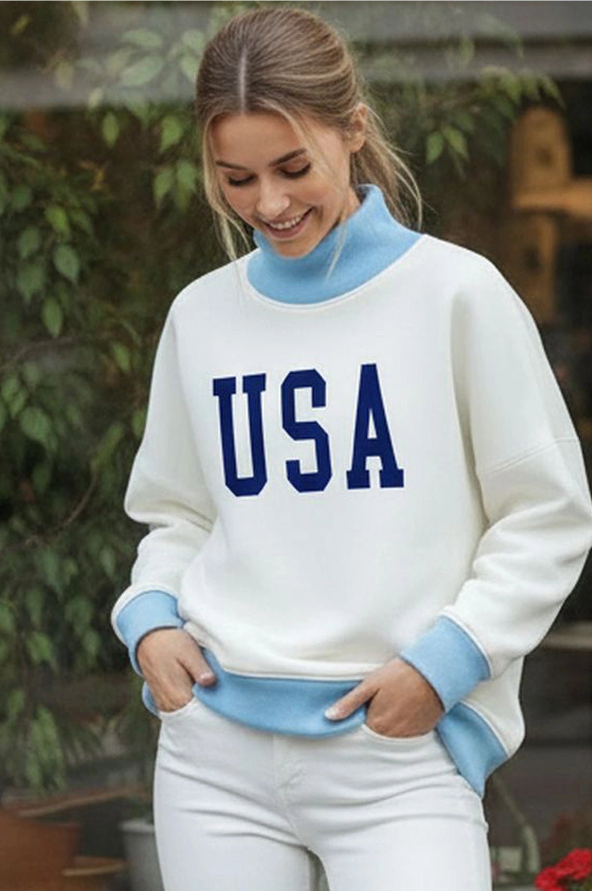 Oversized Contrast Mock Neck Sweatshirt