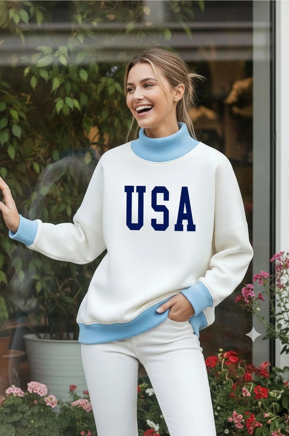 Oversized Contrast Mock Neck Sweatshirt