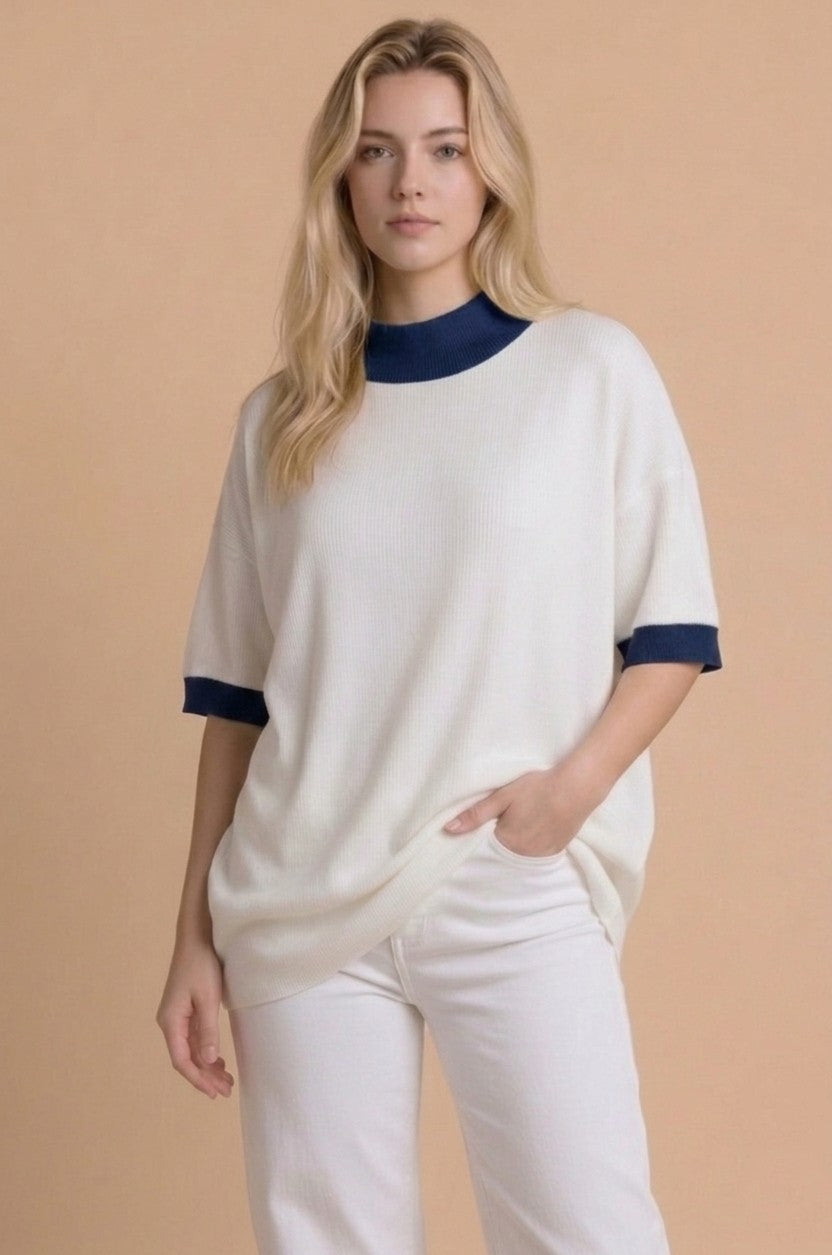 Mock Neck Contrast Trim French Terry Tunic