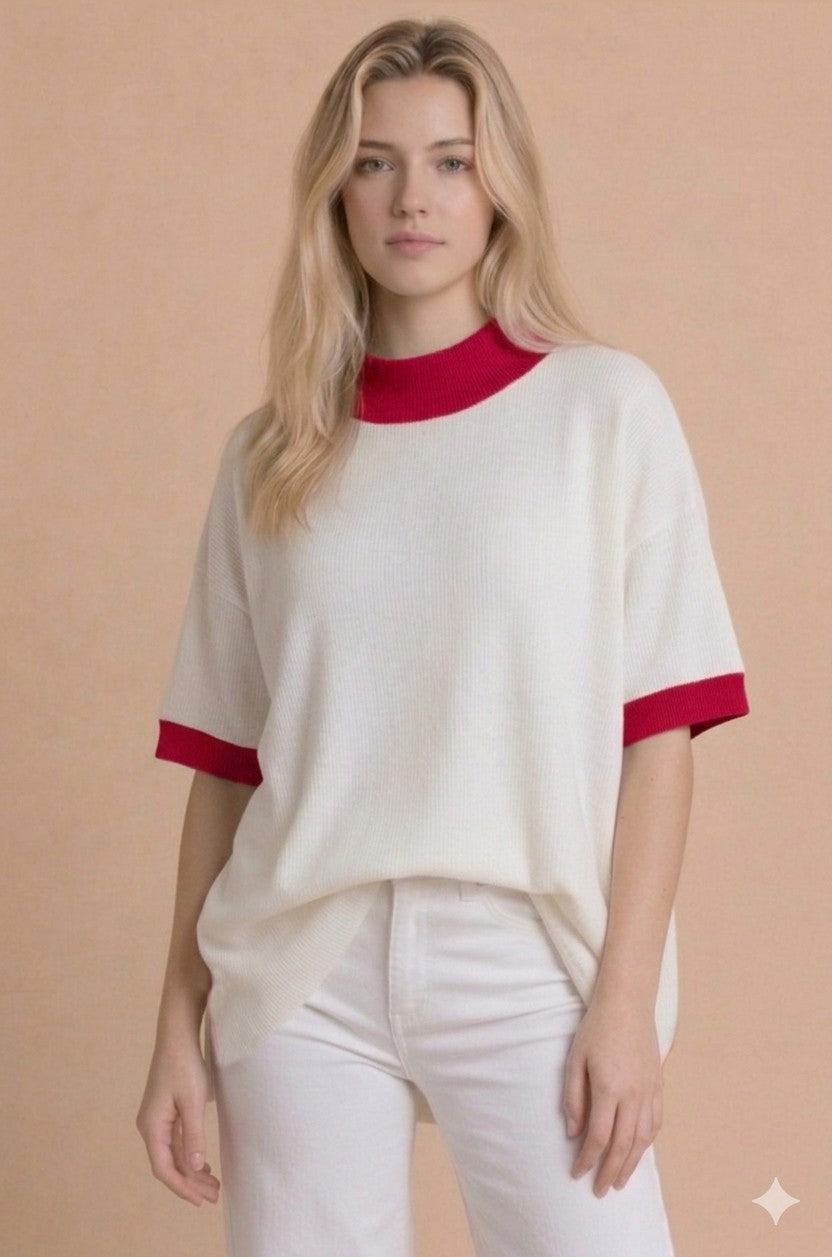 Mock Neck Contrast Trim French Terry Tunic
