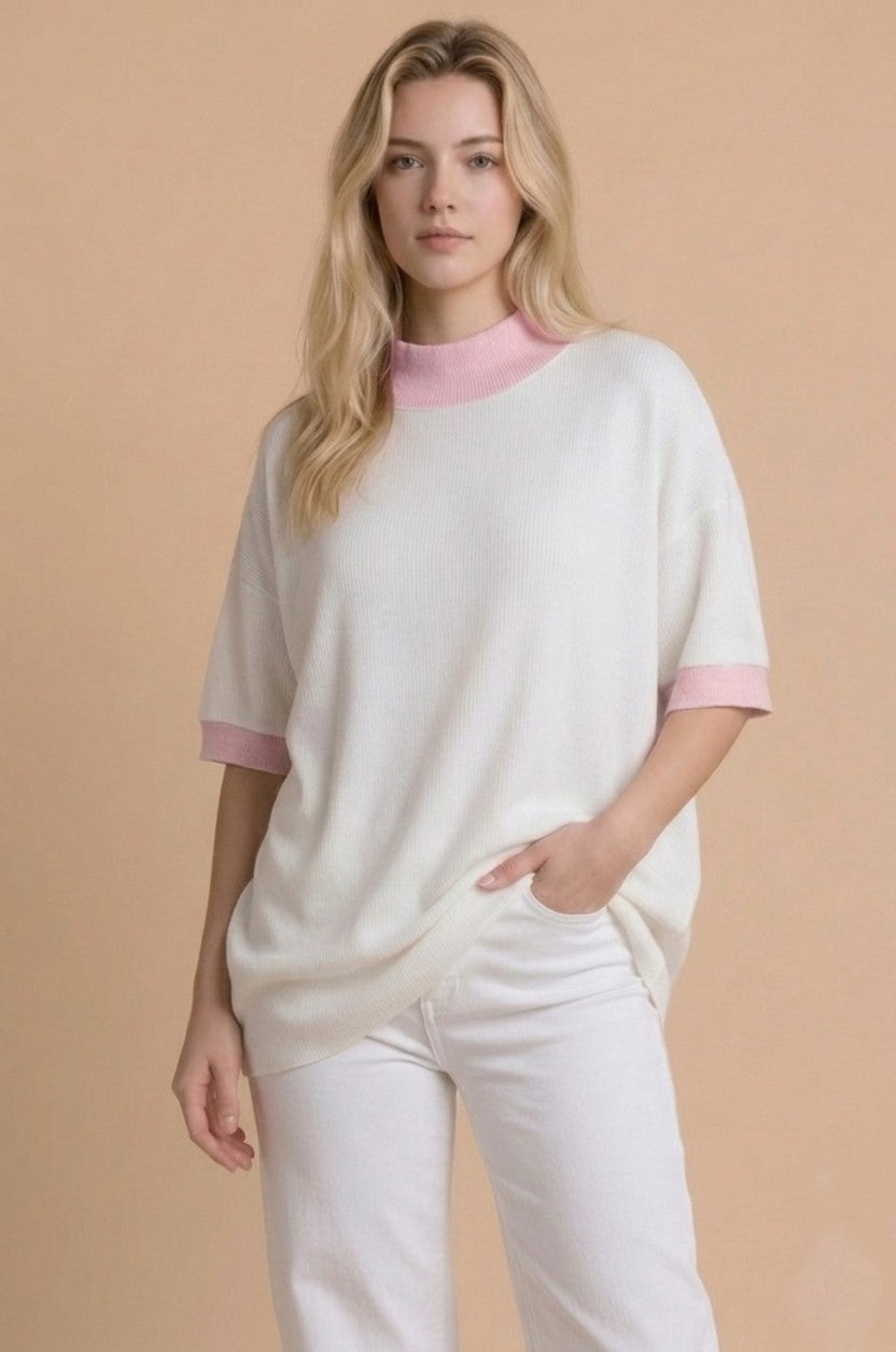 Mock Neck Contrast Trim French Terry Tunic
