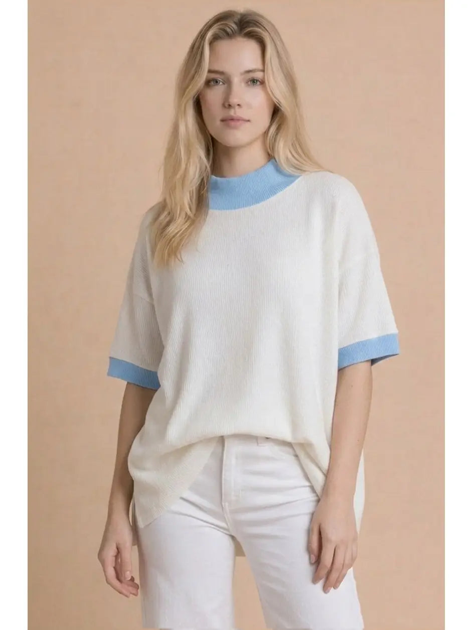 Mock Neck Contrast Trim French Terry Tunic