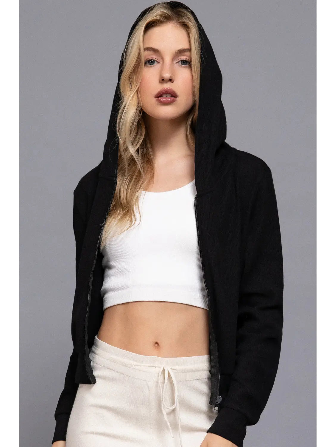 Karys Long Sleeve Crop Zip-Up Thermal Hoodie Jacket
