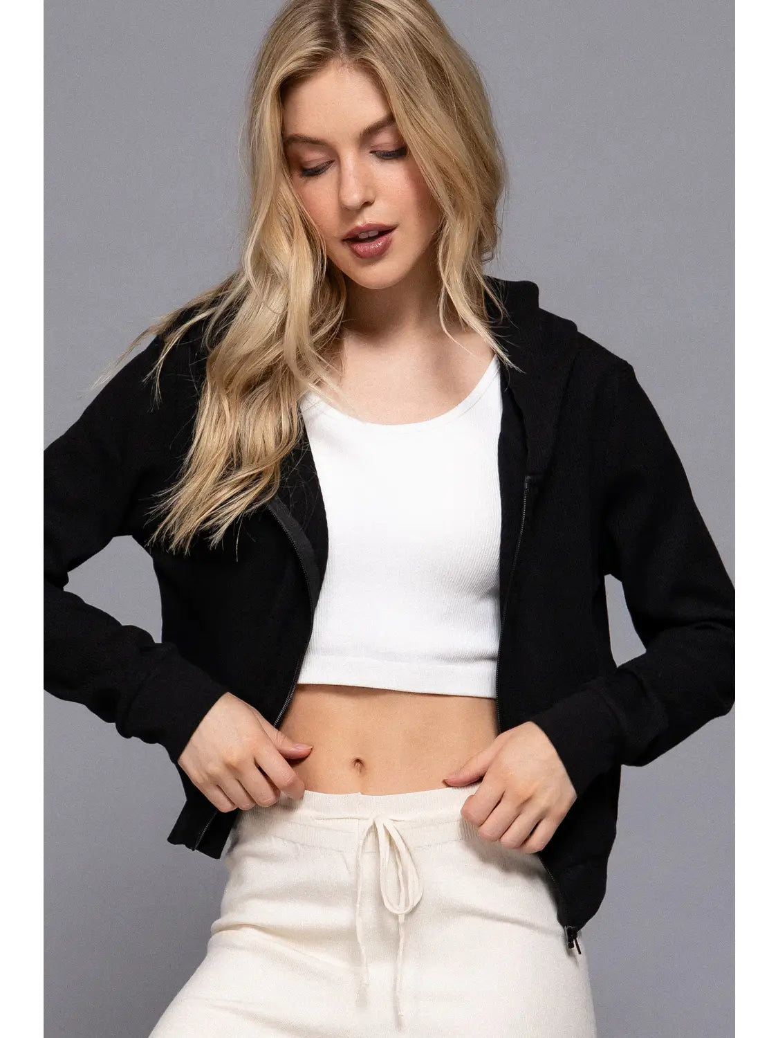 Karys Long Sleeve Crop Zip-Up Thermal Hoodie Jacket