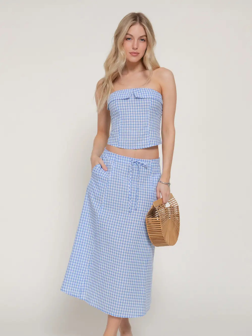 Seersucker Bandeau Top & A-Line Midi Skirt Set