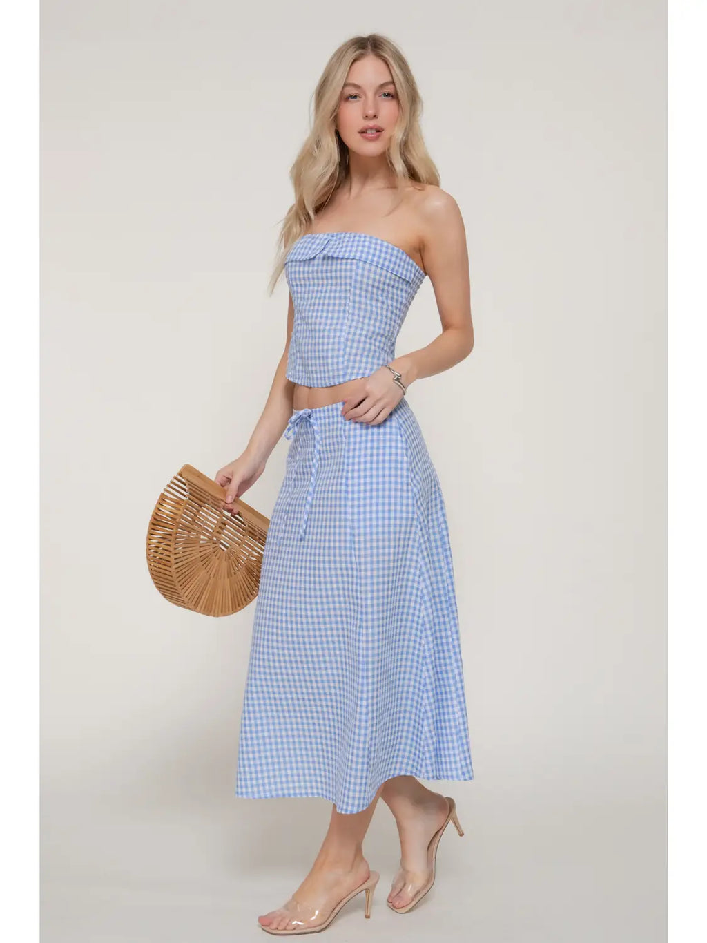 Seersucker Bandeau Top & A-Line Midi Skirt Set
