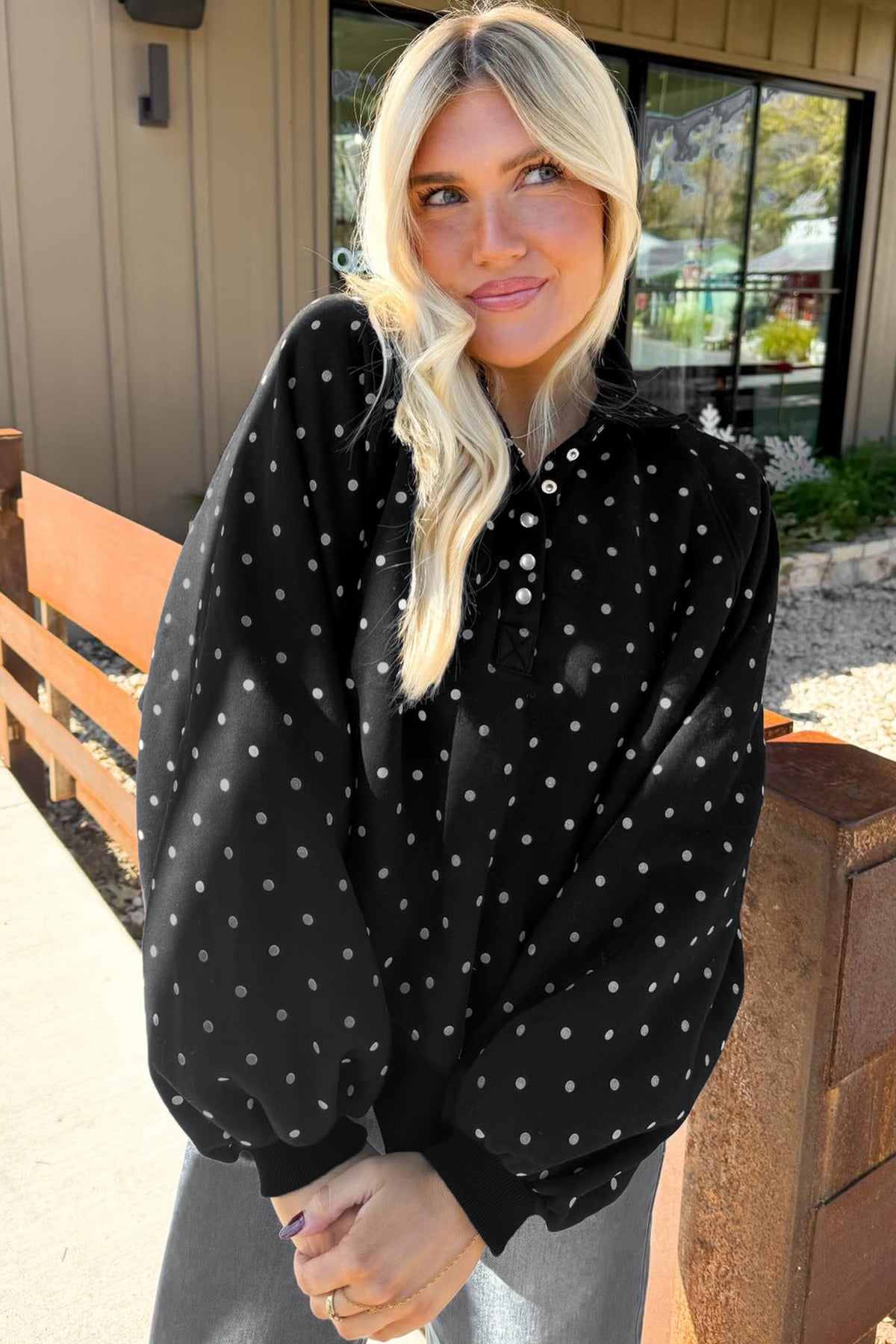 Black Polka Dot Print Metal Button Collar Casual Pullover Sweatshirt