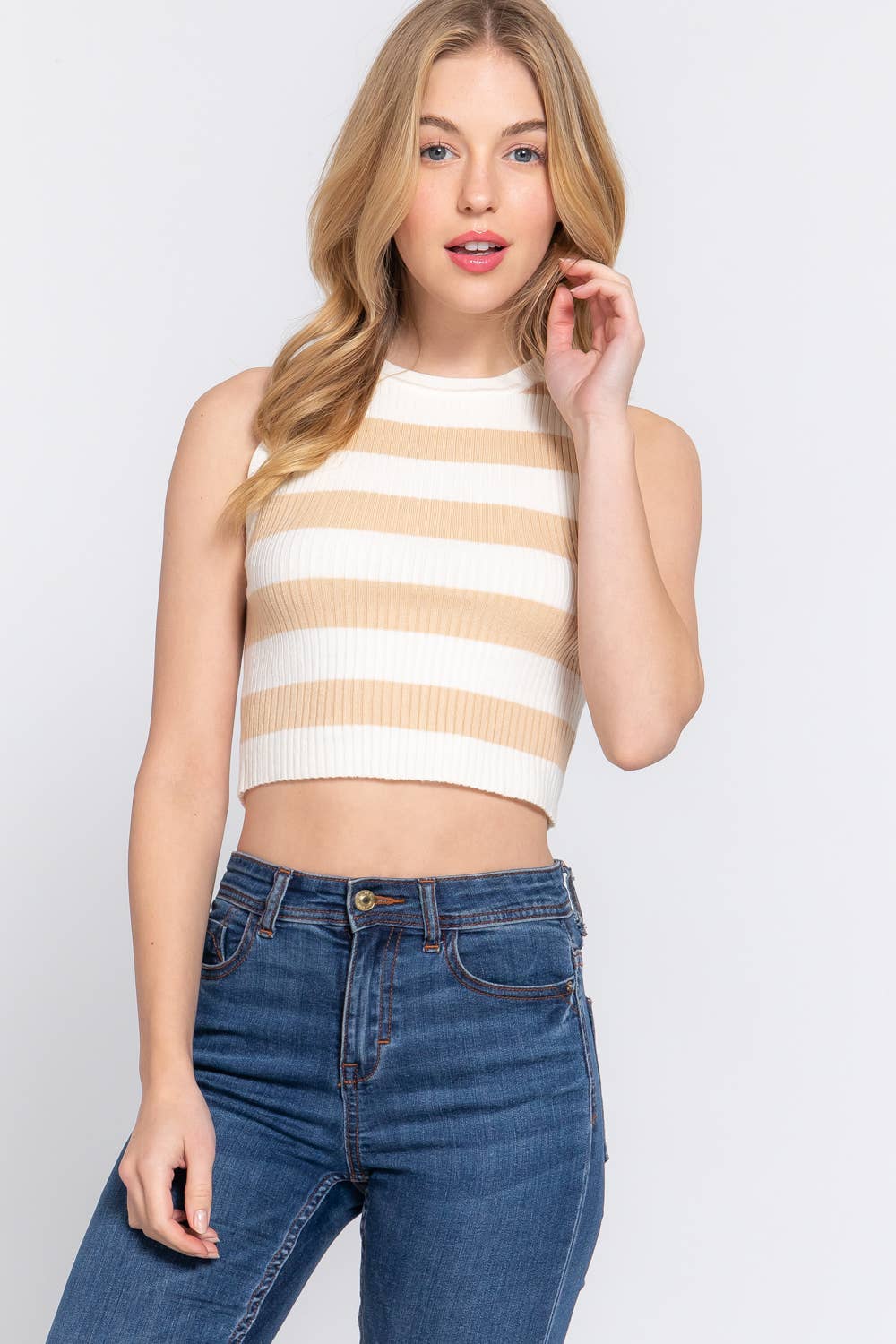 Karys Sleeveless Round Neck Stripe Spring Sweater