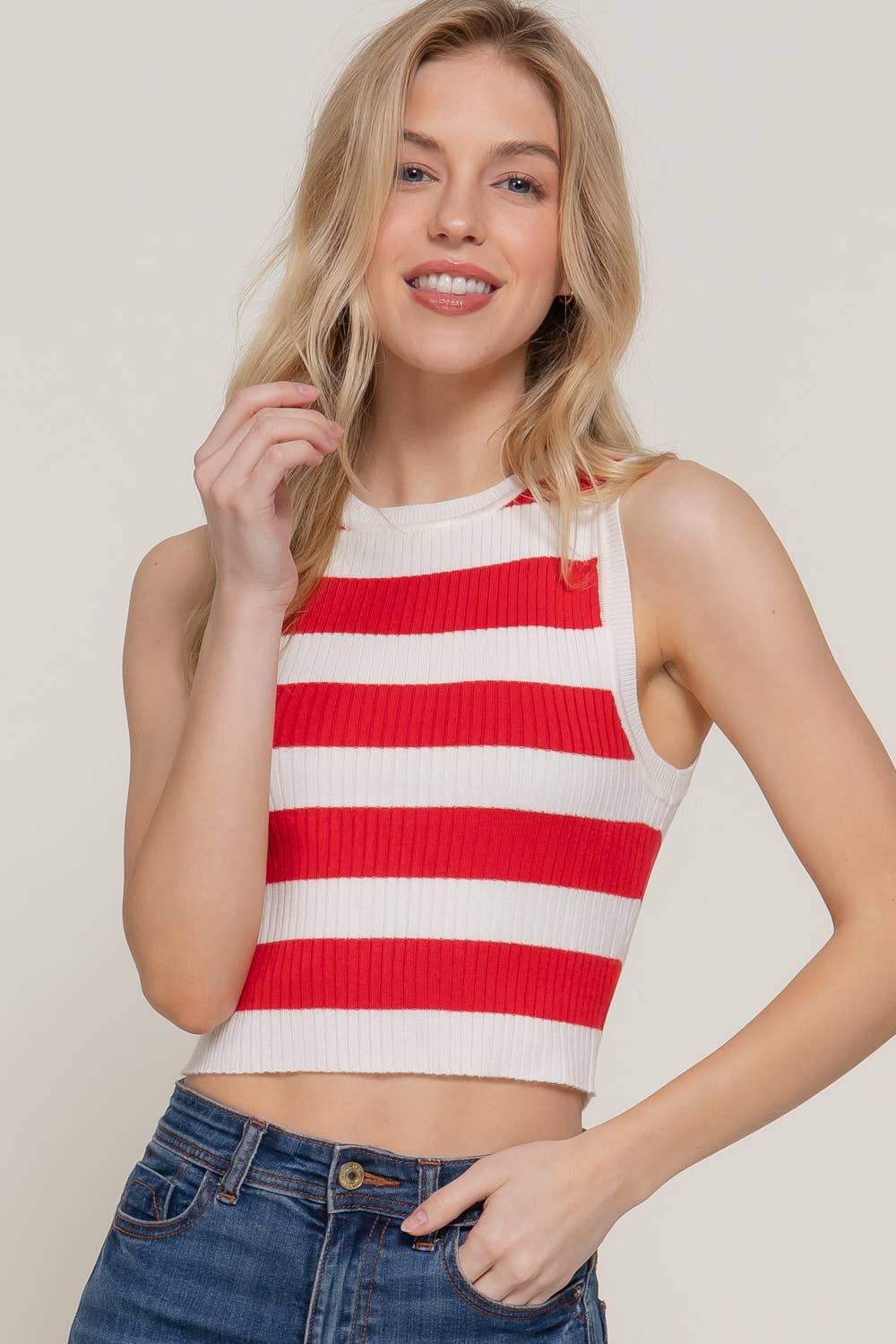 Karys Sleeveless Round Neck Stripe Spring Sweater