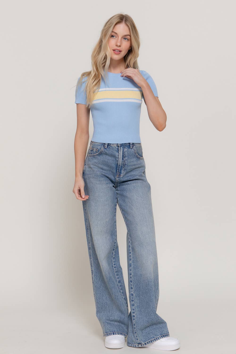 Short Sleeve Crew Neck Multi Striped Knit Top