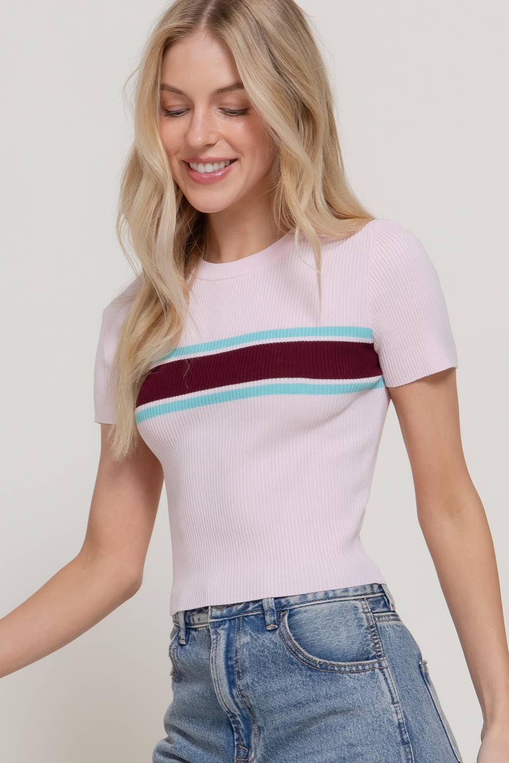 Short Sleeve Crew Neck Multi Striped Knit Top