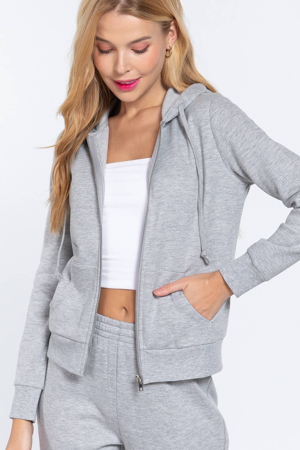 Inner Brushed Fleece French Terry Zip Up Hoodie Jacket