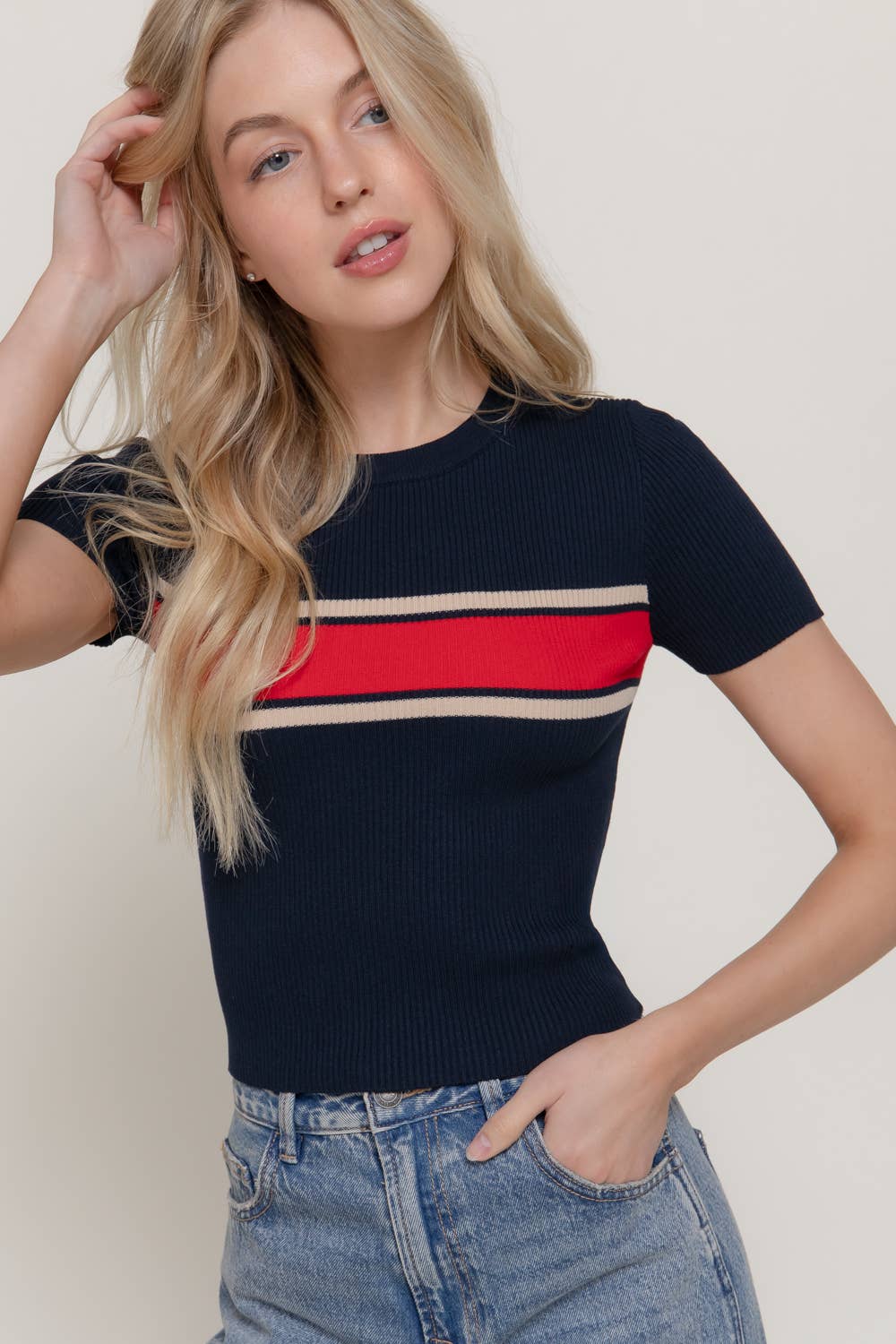 Short Sleeve Crew Neck Multi Striped Knit Top