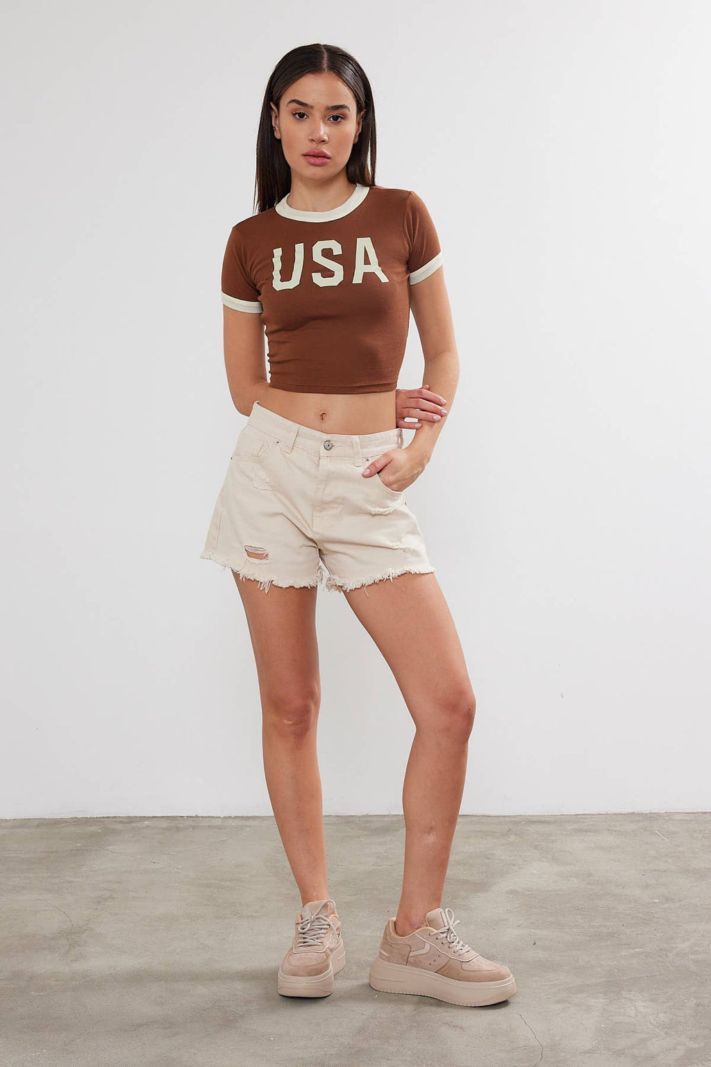 Women's USA Printed Crop Top Cropped "USA" T-Shirt Two Tone
