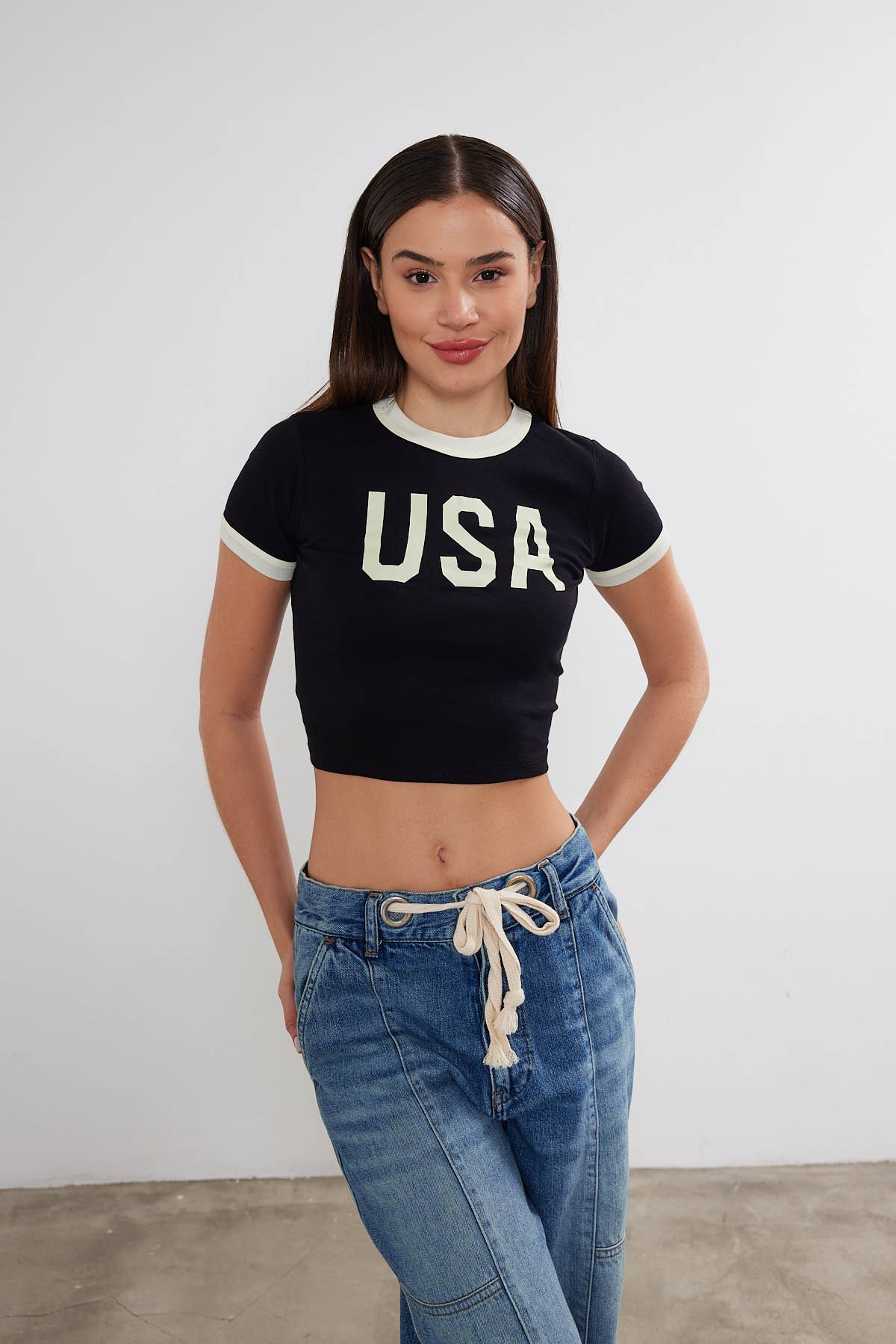Women's USA Printed Crop Top Cropped "USA" T-Shirt Two Tone