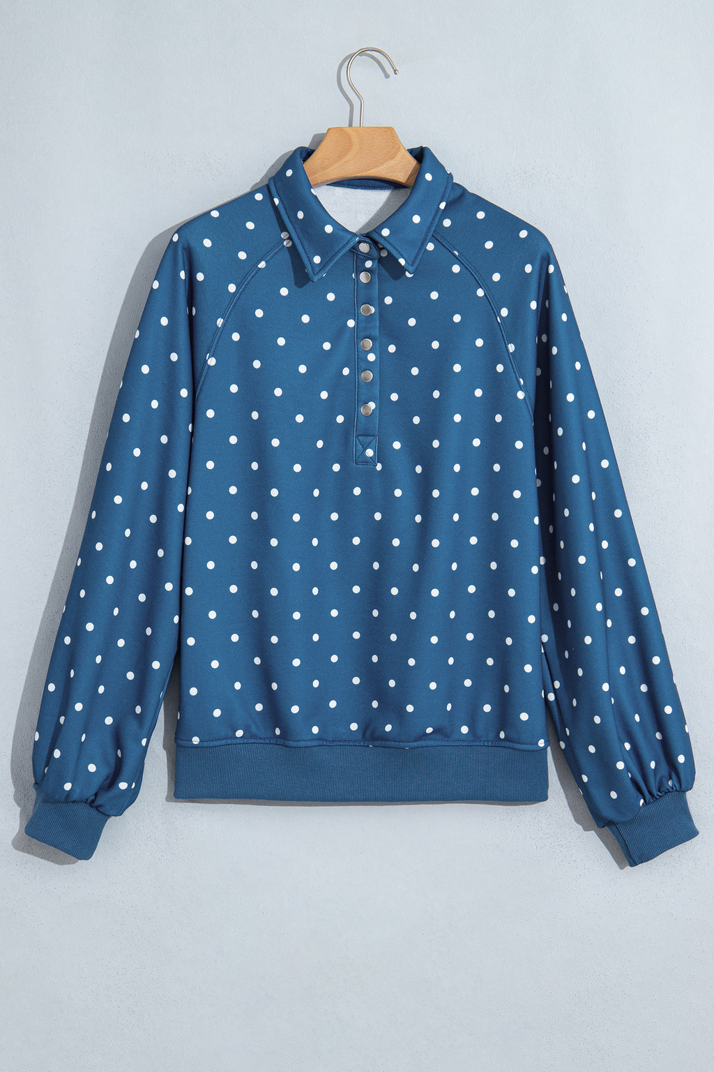 Black Polka Dot Print Metal Button Collar Casual Pullover Sweatshirt